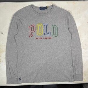 Polo Ralph Lauren Long Sleeve T Shirt Men Small Gray Rainbow Letters Spellout